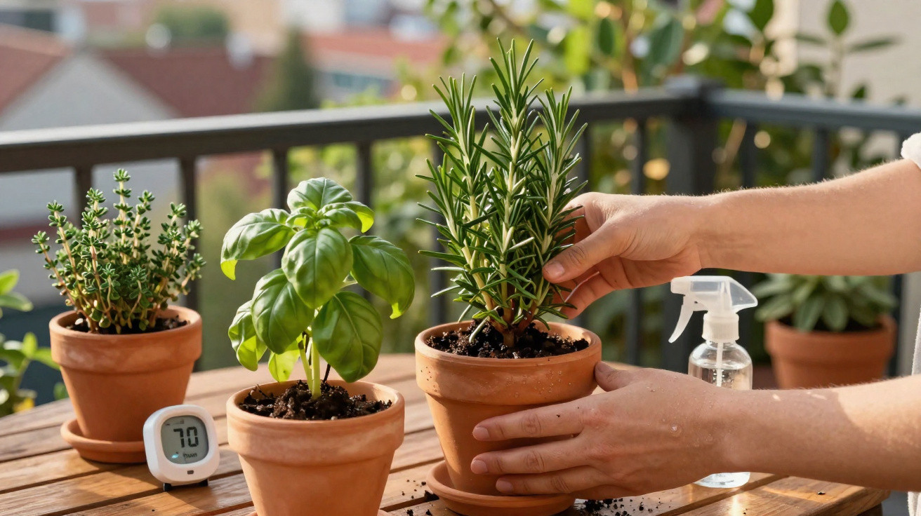 Mãos cuidando de plantas em vasos de barro sobre mesa de madeira em varanda ensolarada.