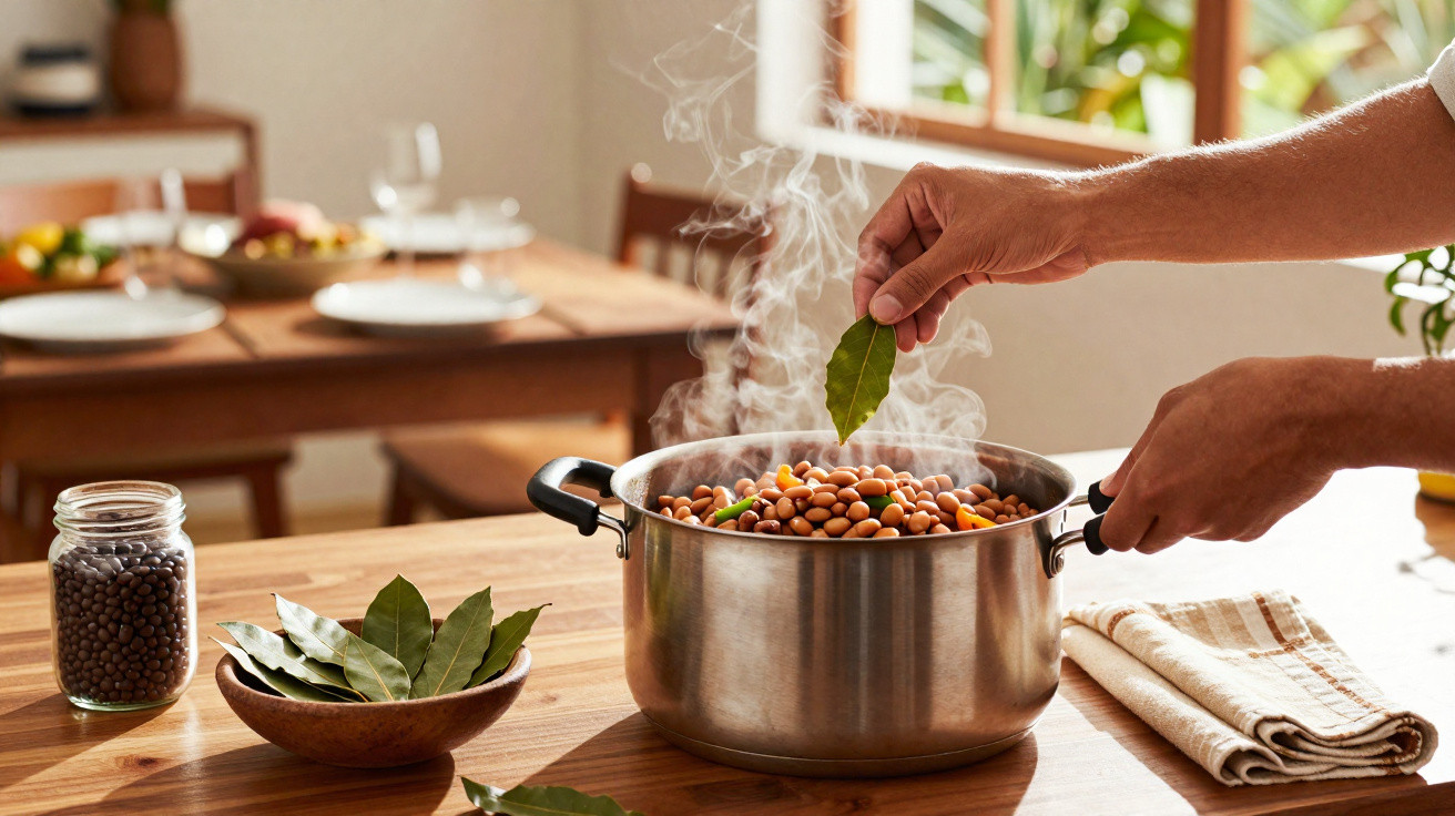 Mãos colocando folha de louro em panela com feijão cozinhando em cozinha iluminada pelo sol.