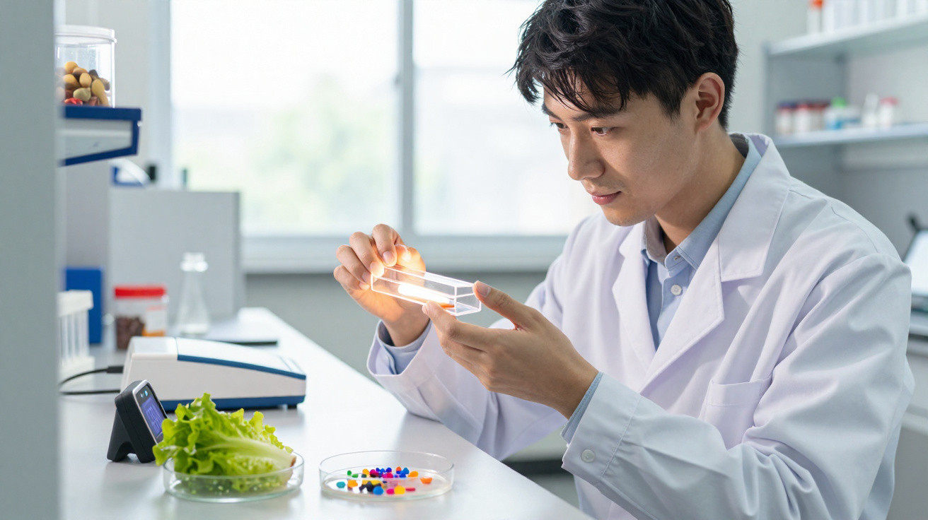 Cientista em laboratório analisando amostras em lâminas de vidro, com folhas e cápsulas na bancada.