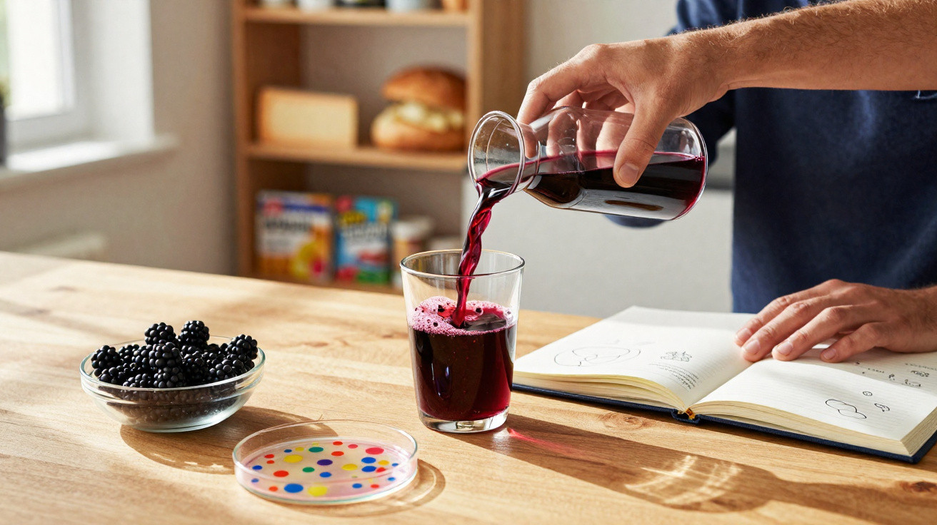 Pessoa servindo suco roxo em copo, com bowl de amoras e caderno aberto sobre mesa de madeira.