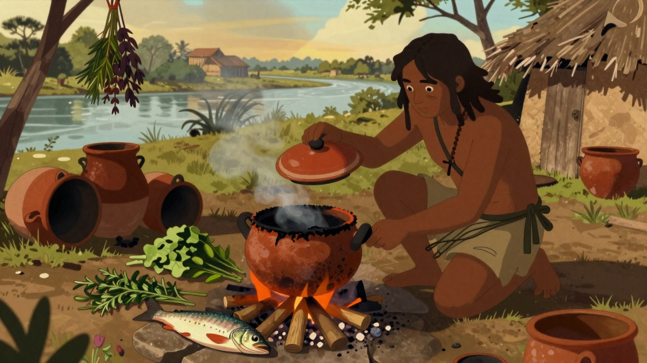 Homem indígena preparando comida em panela de barro sobre fogo ao ar livre, perto de um rio em aldeia.