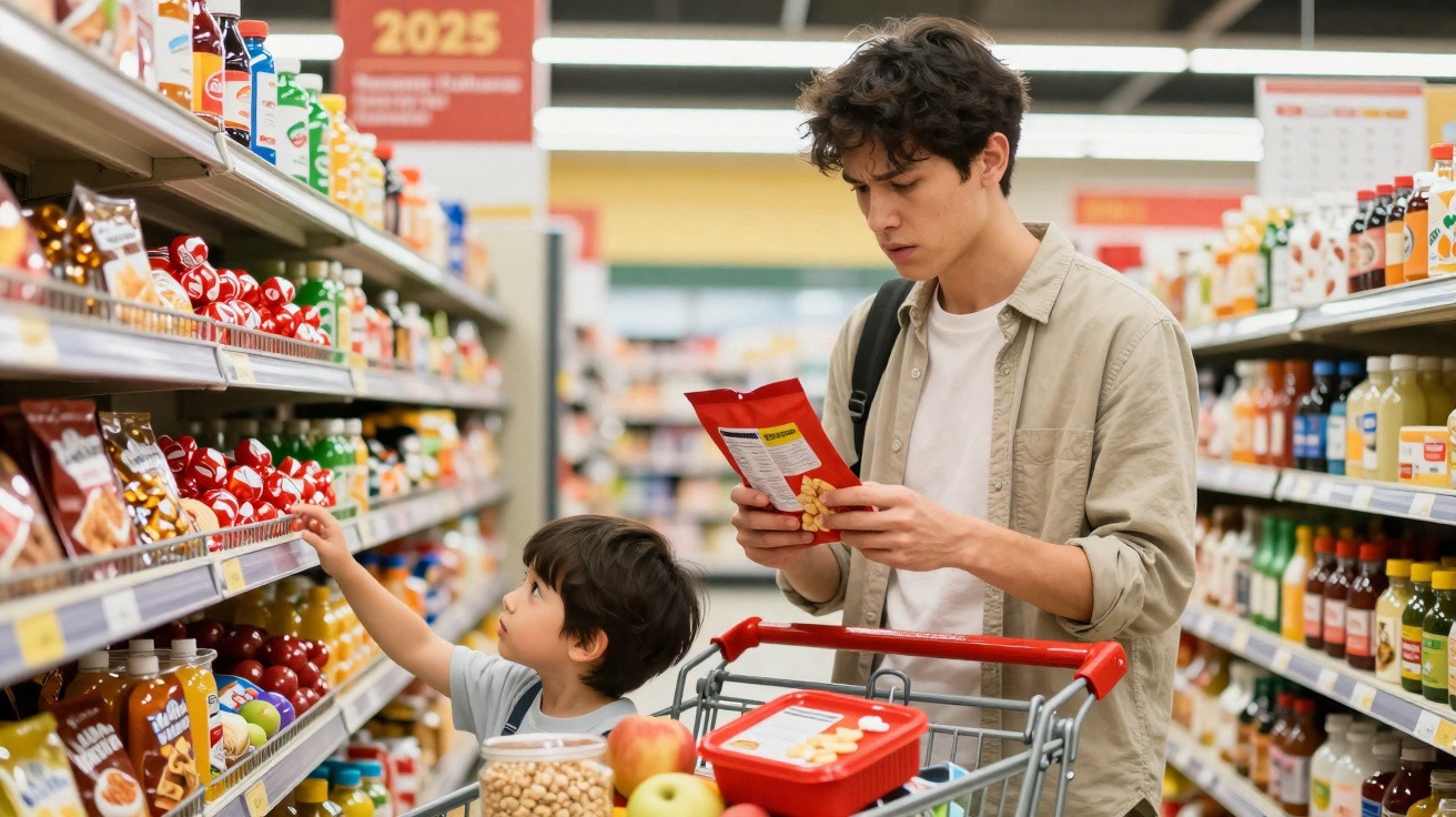 Homem e criança escolhem produtos em prateleira de supermercado enquanto fazem compras juntos.