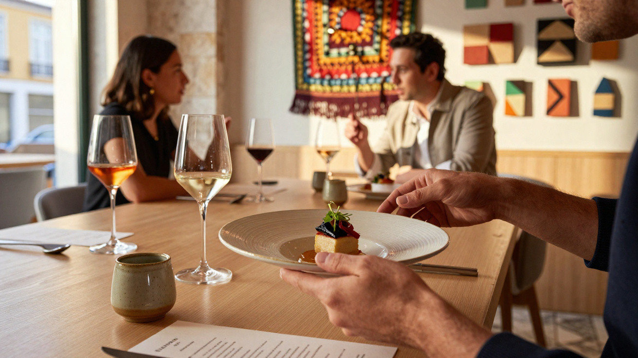 Pessoa servindo sobremesa em prato branco durante jantar em restaurante com decoração colorida na parede.