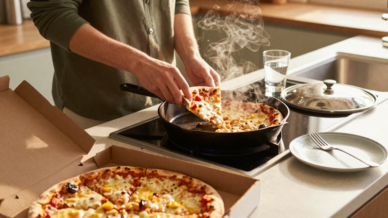 Pessoa esquentando uma fatia de pizza em frigideira sobre o fogão com caixa de pizza na bancada.