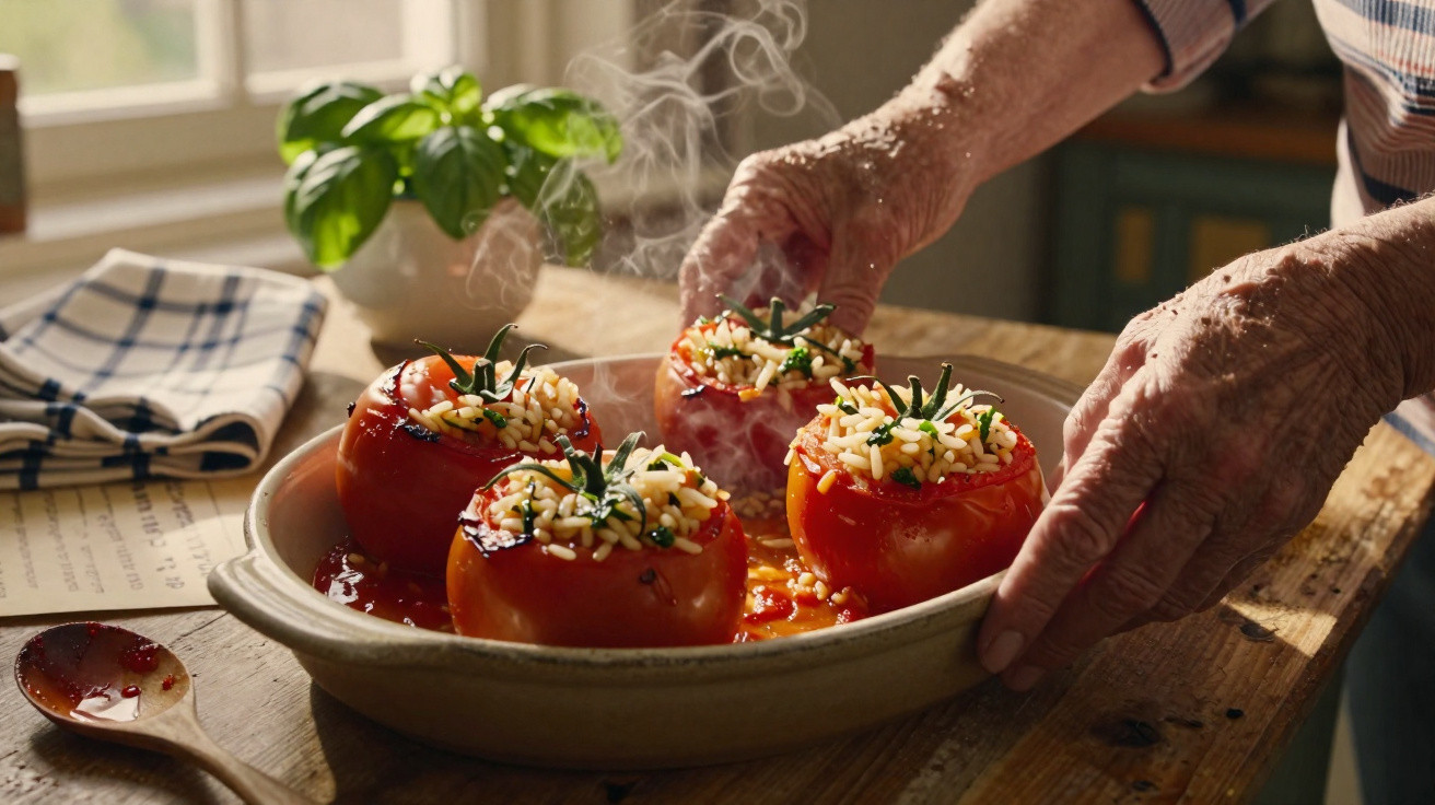 Mãos ajustando tomates recheados com arroz em prato, com vapor saindo, sobre mesa de madeira.