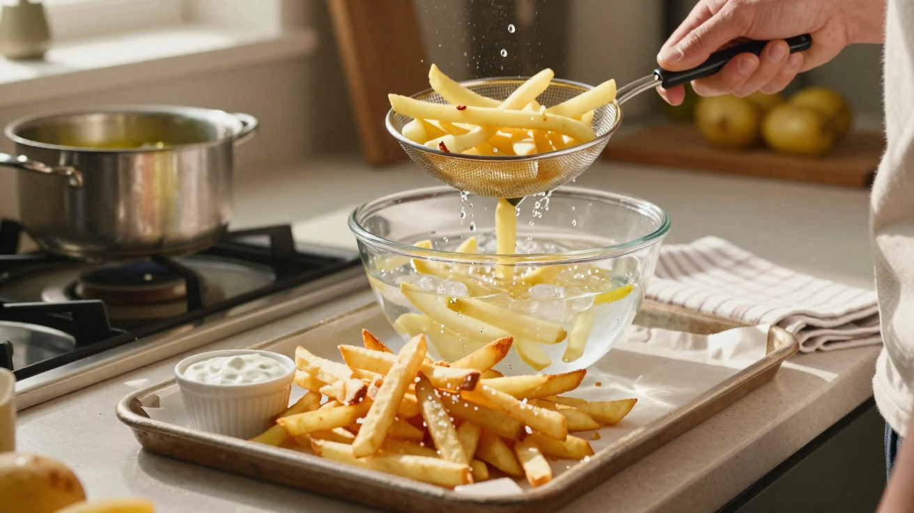 Pessoa escorrendo batatas fritas em uma peneira sobre tigela de vidro em cozinha iluminada natural.