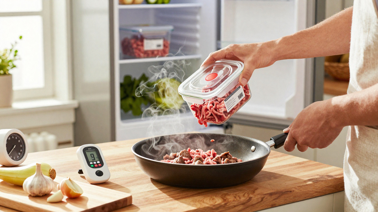 Pessoa cozinhando carne moída em frigideira na cozinha, com alho e bananas na bancada.