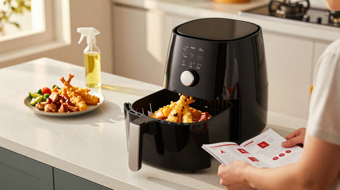 Air fryer preta aberta com camarões empanados, instruções nas mãos de pessoa ao lado em bancada de cozinha.