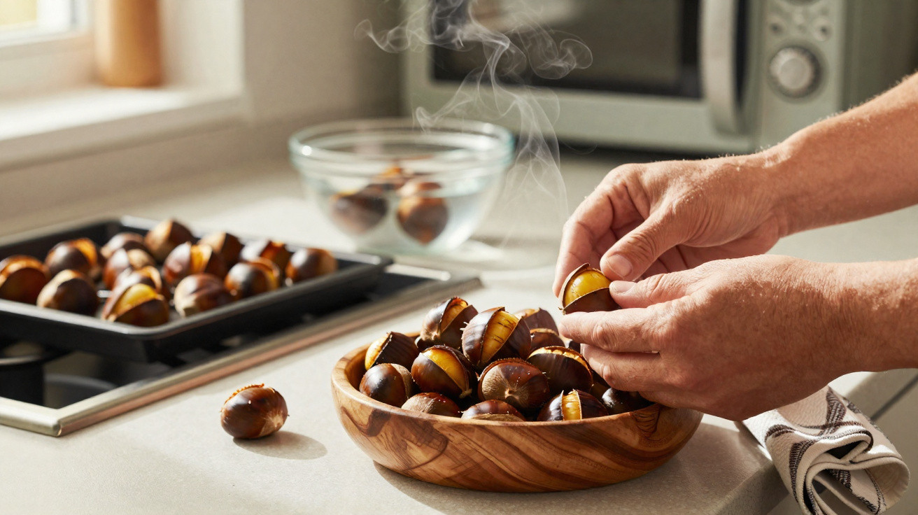 Mãos descascando castanhas assadas em tigela de madeira sobre bancada de cozinha.