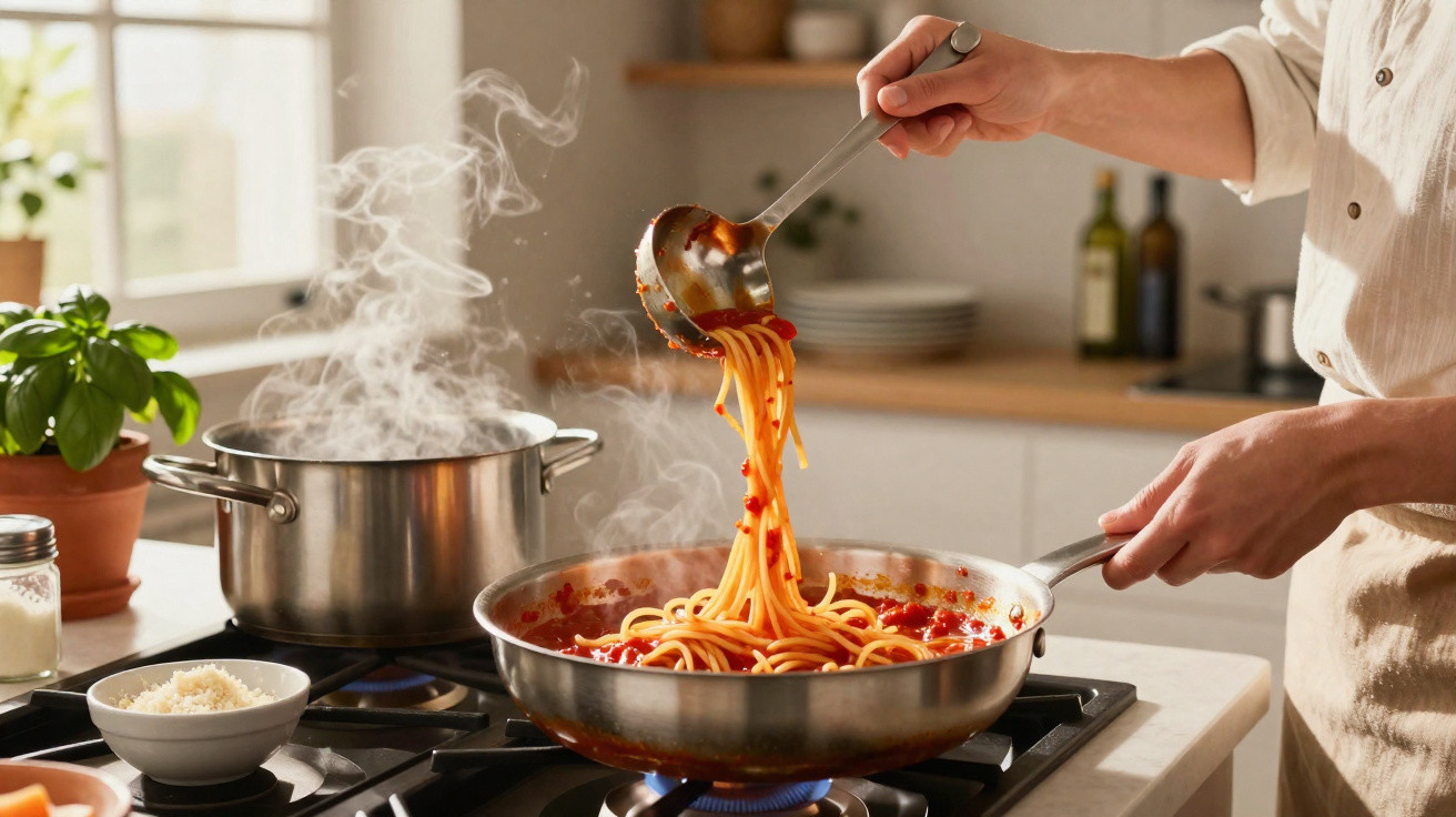 Pessoa mexendo macarrão com molho de tomate em frigideira sobre fogão aceso em cozinha iluminada.