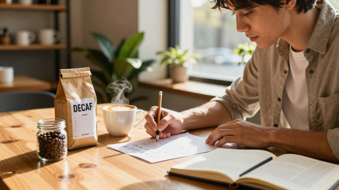 Jovem escrevendo sentado à mesa com café descafeinado, livro aberto e pote de grãos de café.