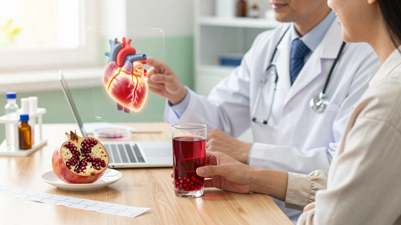 Médico e paciente analisam imagem holográfica de coração com romã e suco sobre mesa em consultório.
