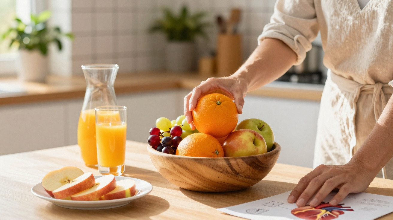 Pessoa segurando uma laranja sobre uma tigela de frutas com suco de laranja e maçã fatiada na mesa da cozinha.