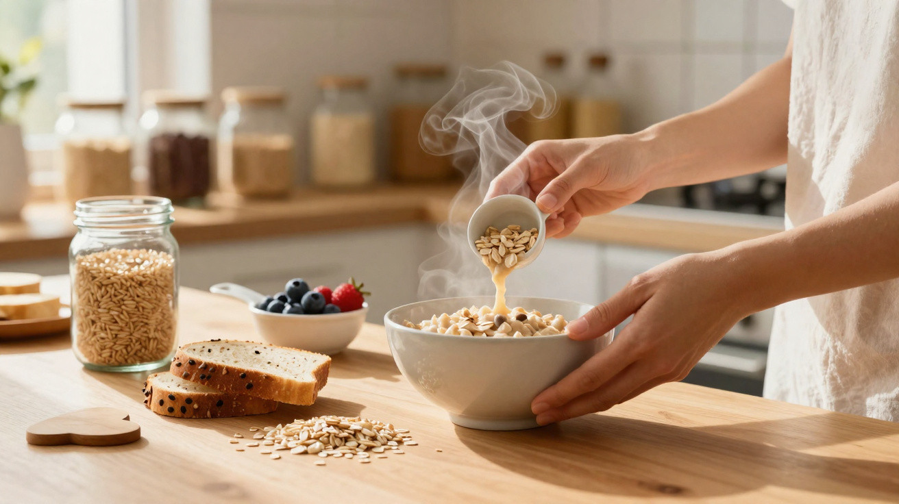 Pessoa despejando aveia em tigela de cereal quente na cozinha com pão e frutas sobre a mesa.
