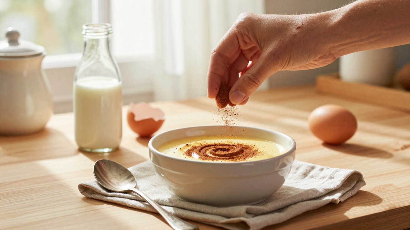 Mão polvilhando canela em creme doce numa tigela branca sobre pano, com ovo, leite e colher ao fundo.