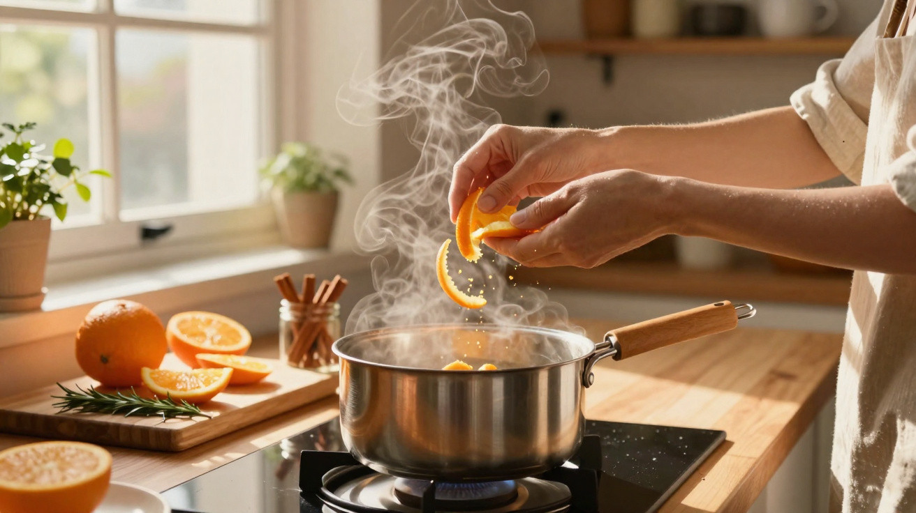 Mãos adicionando cascas de laranja em panela com vapor sobre fogão em cozinha ensolarada.
