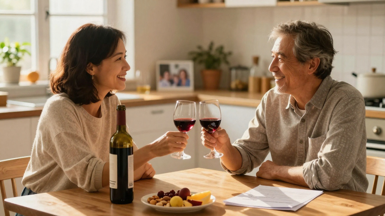 Casal sorridente brindando com vinho tinto em cozinha iluminada, com frutas e documentos na mesa.