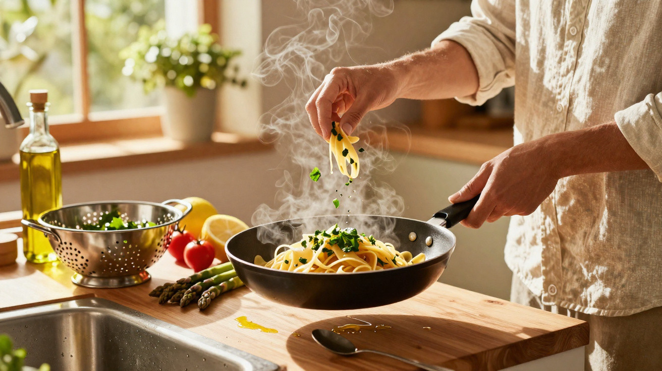 Pessoa temperando macarrão com ervas em frigideira fumegante na cozinha iluminada pelo sol.