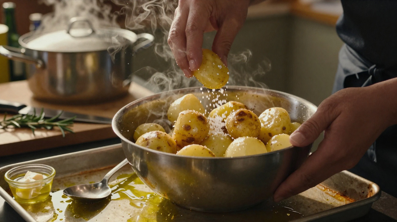 Mãos temperando batatas douradas quentes com sal grosso em uma tigela de metal na cozinha.