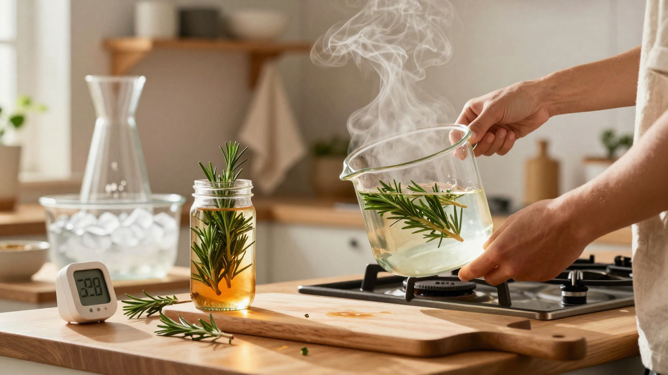 Pessoa segurando panela com alecrim em líquido quente com vapor na cozinha clara e organizada.
