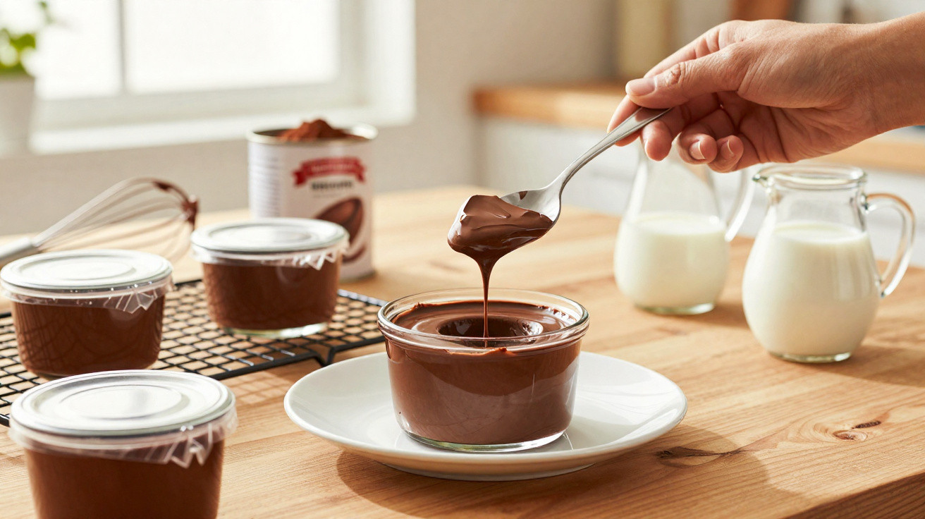 Colher pegando chocolate cremoso em pote de vidro com vários potes e leite ao fundo sobre mesa de madeira.