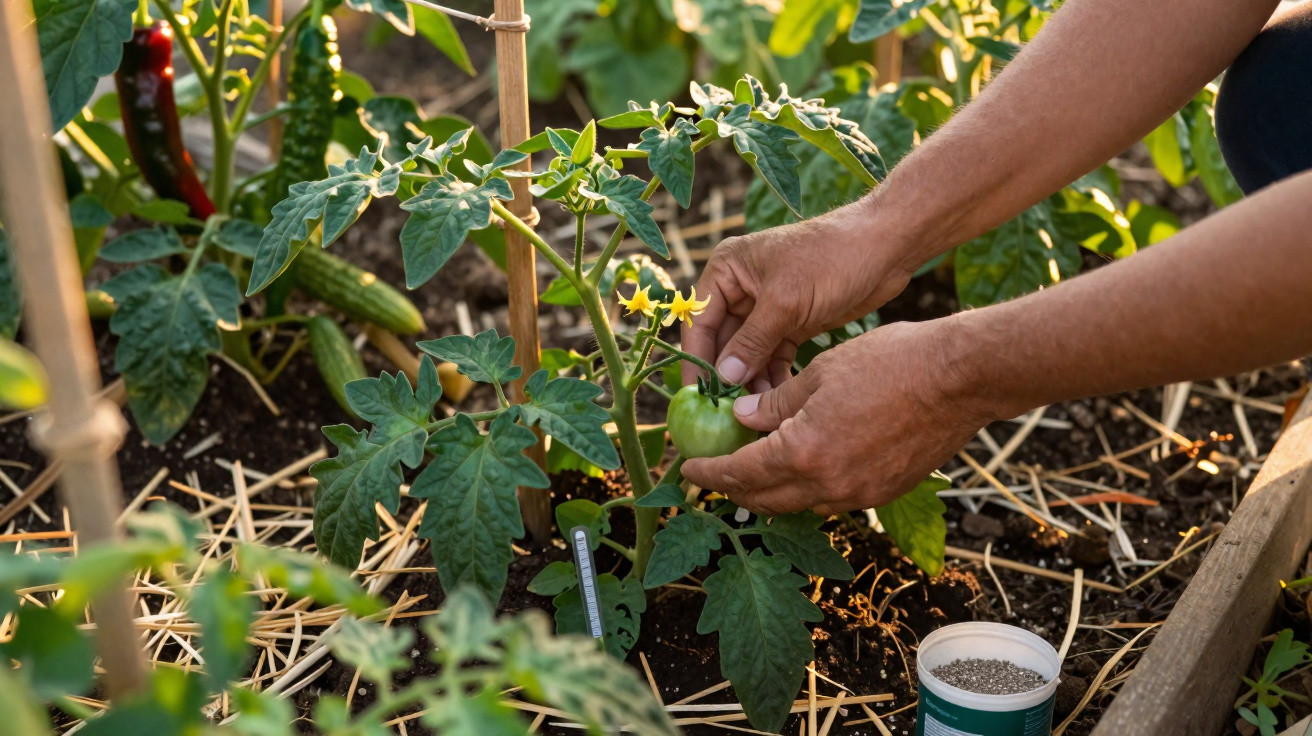 Mãos colhendo tomate verde em planta, em canteiro de horta com suporte de bambu e terra coberta por palha.