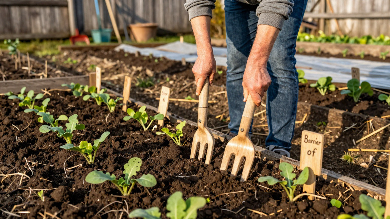 Pessoa usando ferramentas de madeira para cultivar plantas jovens em uma horta ao ar livre.
