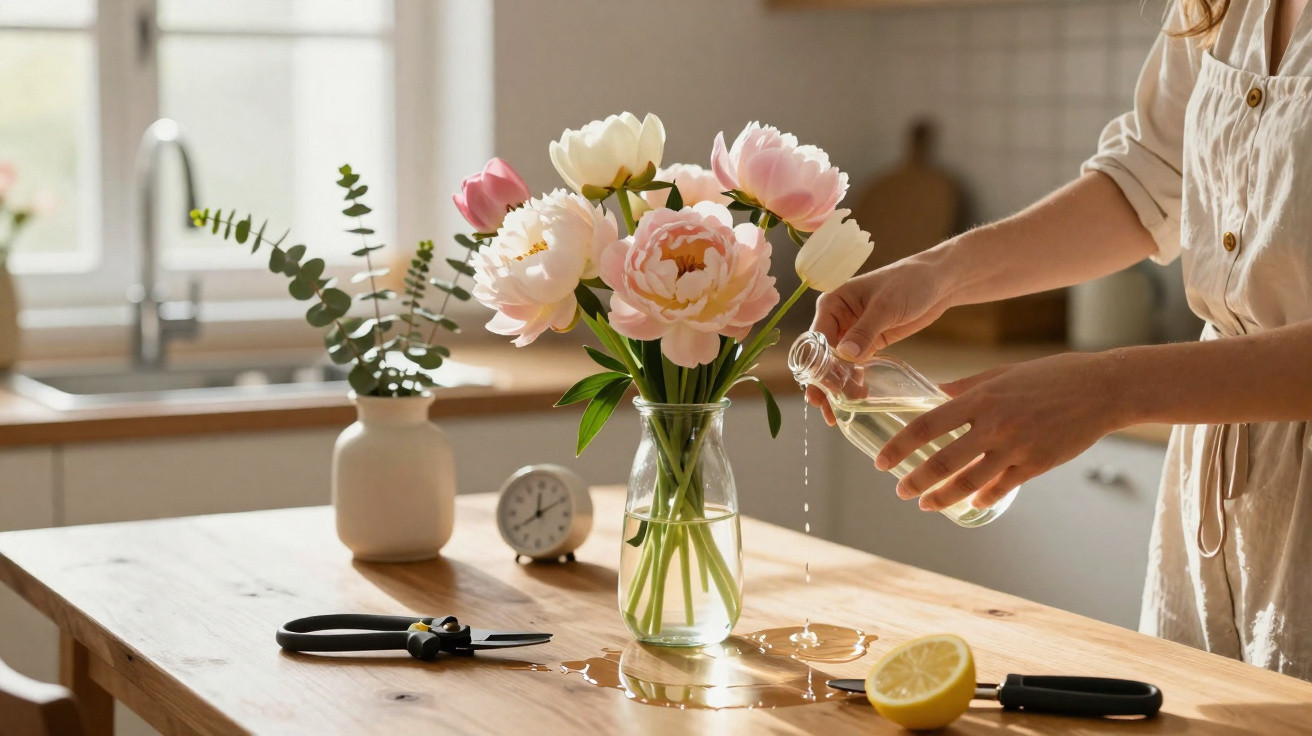 Pessoa regando buquê de flores claras em vaso de vidro sobre mesa de madeira na cozinha iluminada.