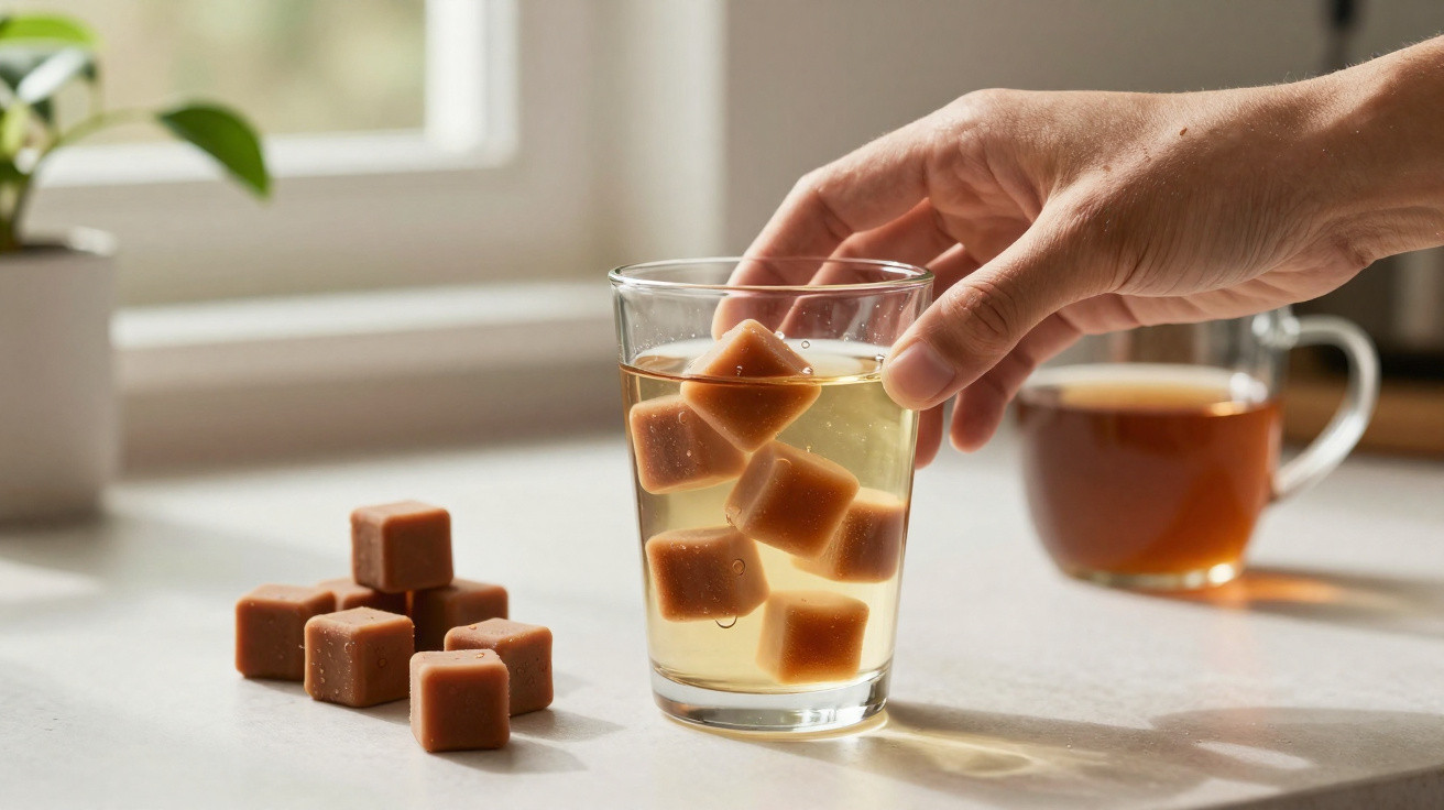 Mão colocando cubos de café gelado em copo com bebida clara, com cubos ao lado e xícara ao fundo.