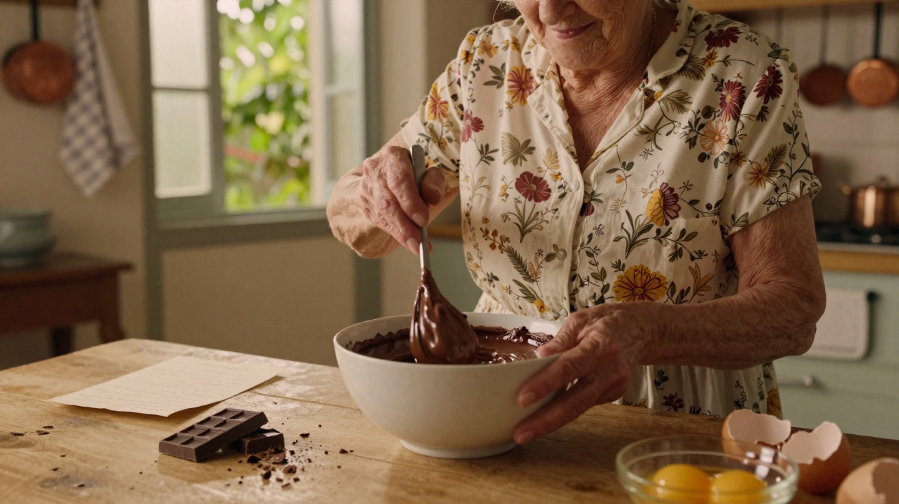 Mulher idosa mexe mistura de chocolate em tigela na cozinha iluminada, com ingredientes sobre a mesa.