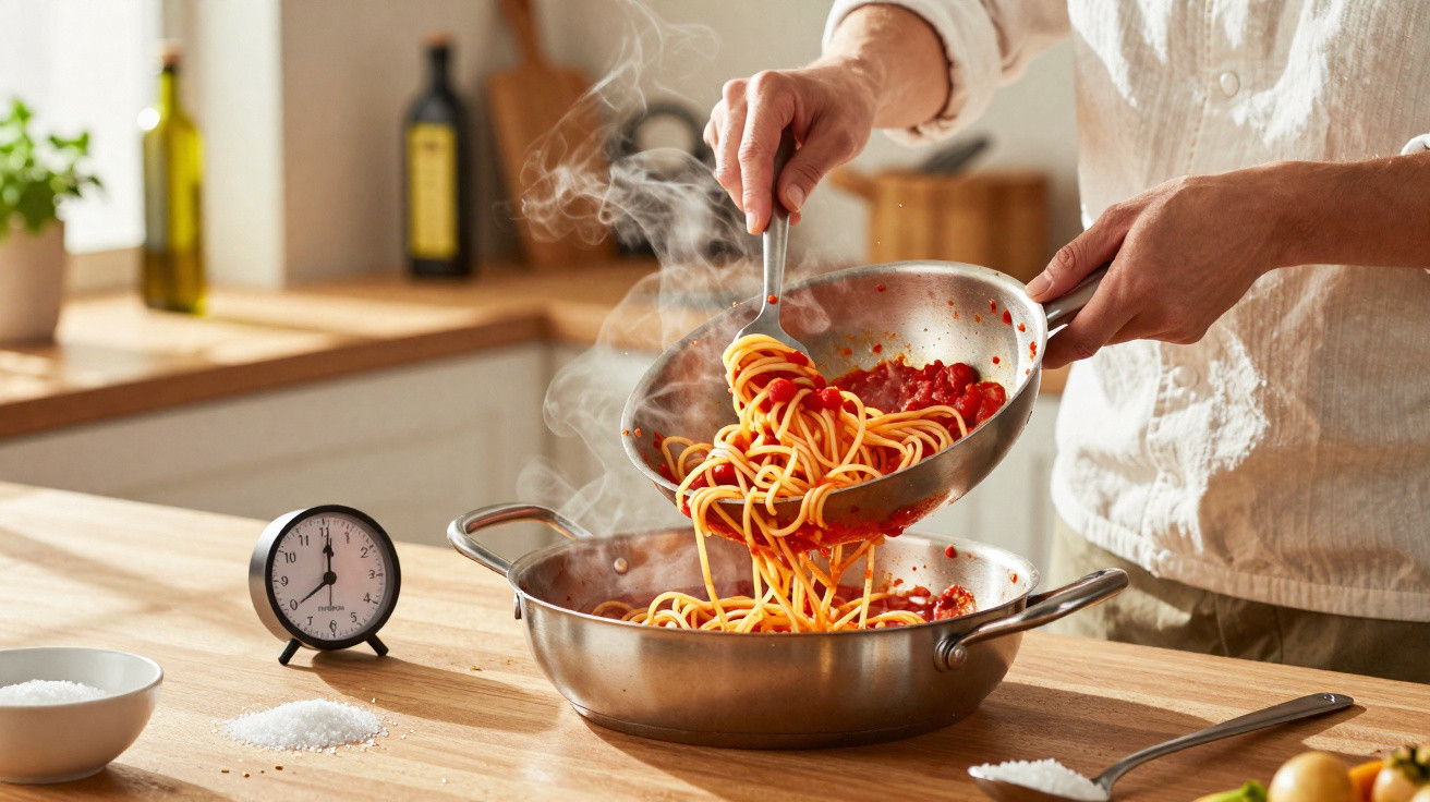 Pessoa mexendo espaguete com molho vermelho em panela de inox em cozinha clara e arejada.