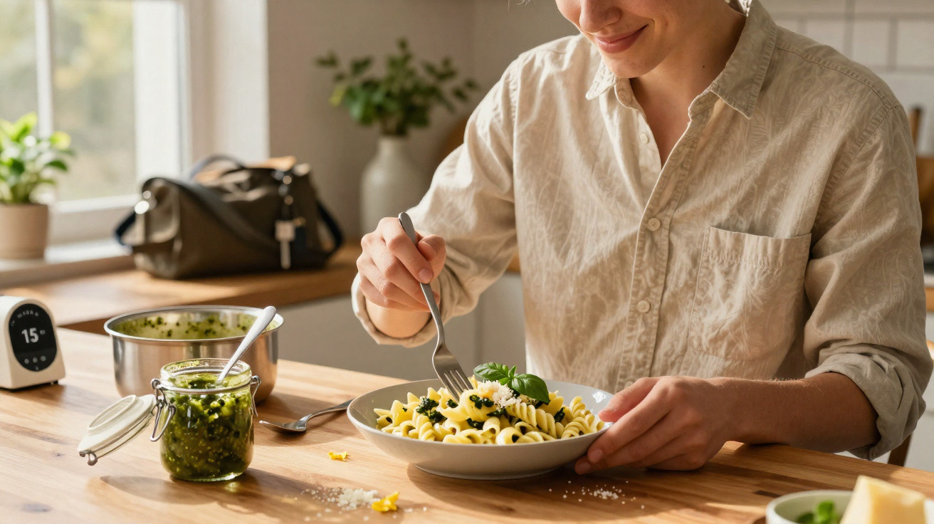 Pessoa sorridente comendo macarrão fusilli com molho verde em cozinha iluminada.