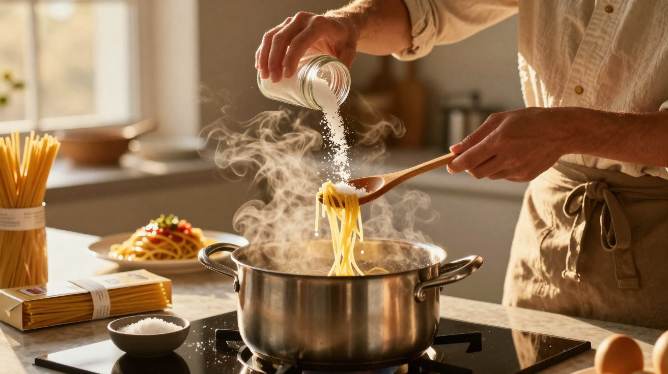 Pessoa adicionando sal à massa de macarrão cozinhando em panela na cozinha iluminada pelo sol.
