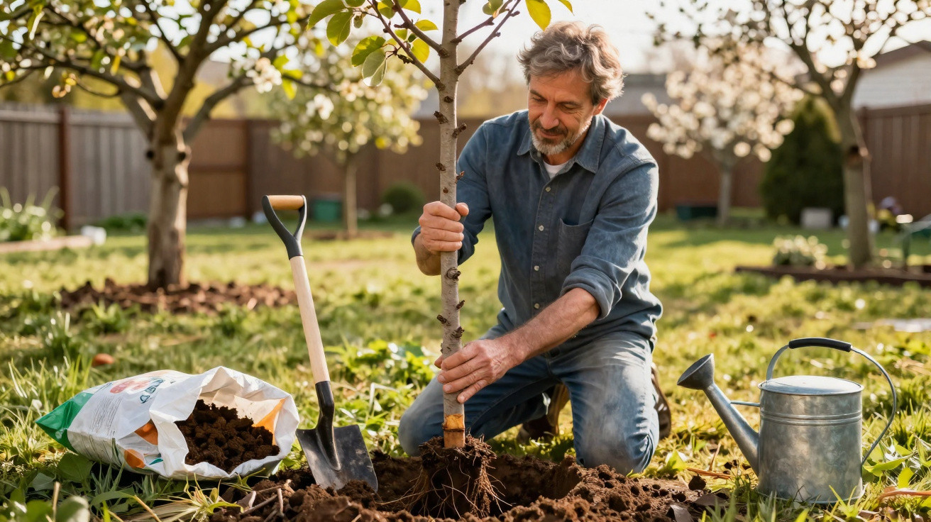 Homem plantando uma muda de árvore em jardim com pá, regador e saco de terra ao redor.