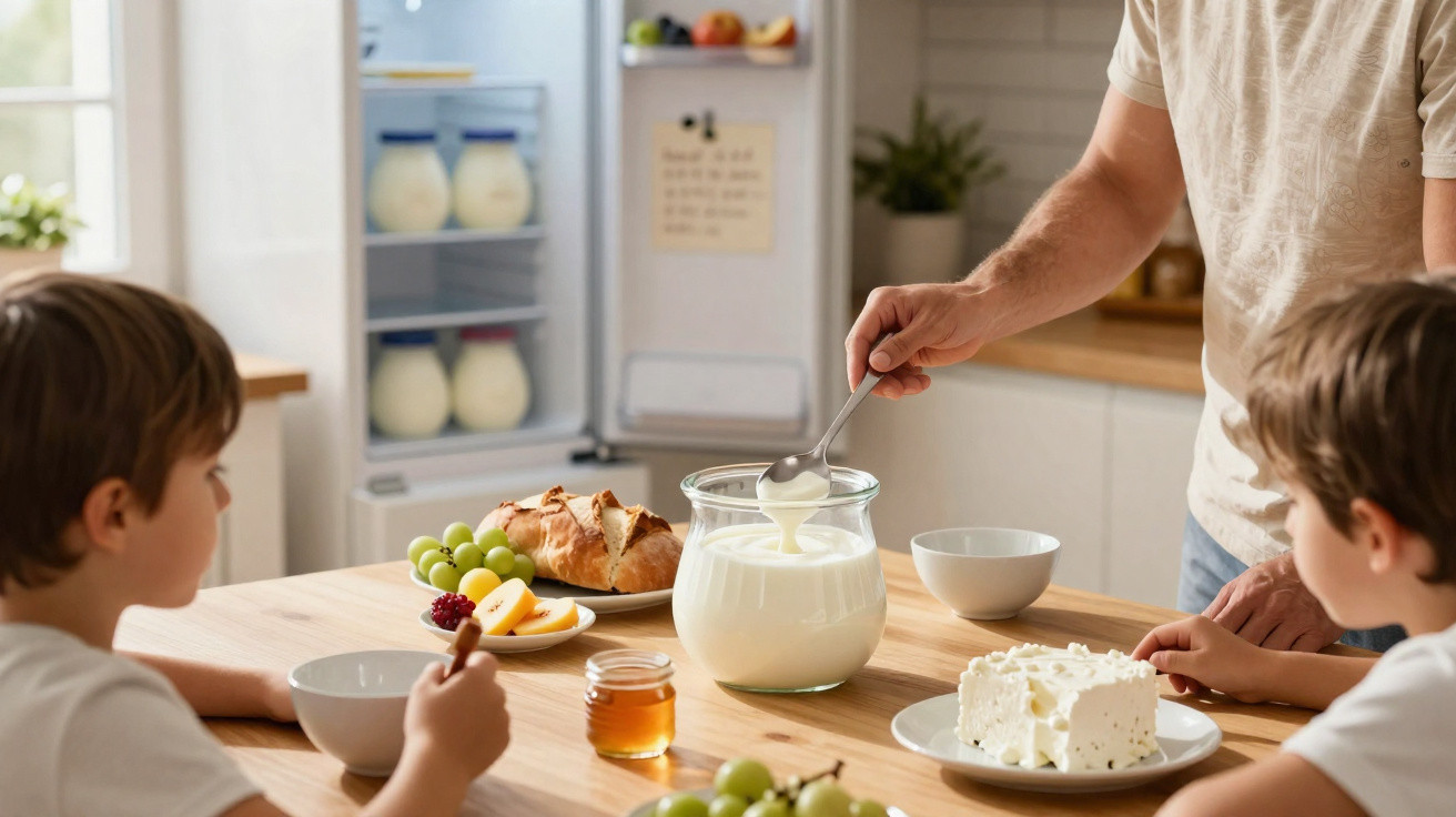 Pai servindo iogurte para dois meninos à mesa com frutas, pão, mel e queijo branco na cozinha.