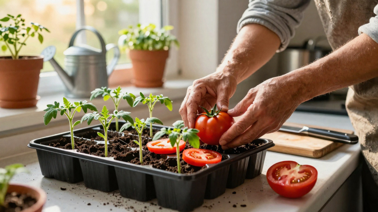 Mãos segurando tomate perto de mudas de tomate em bandeja, com plantas e regador ao fundo na cozinha.