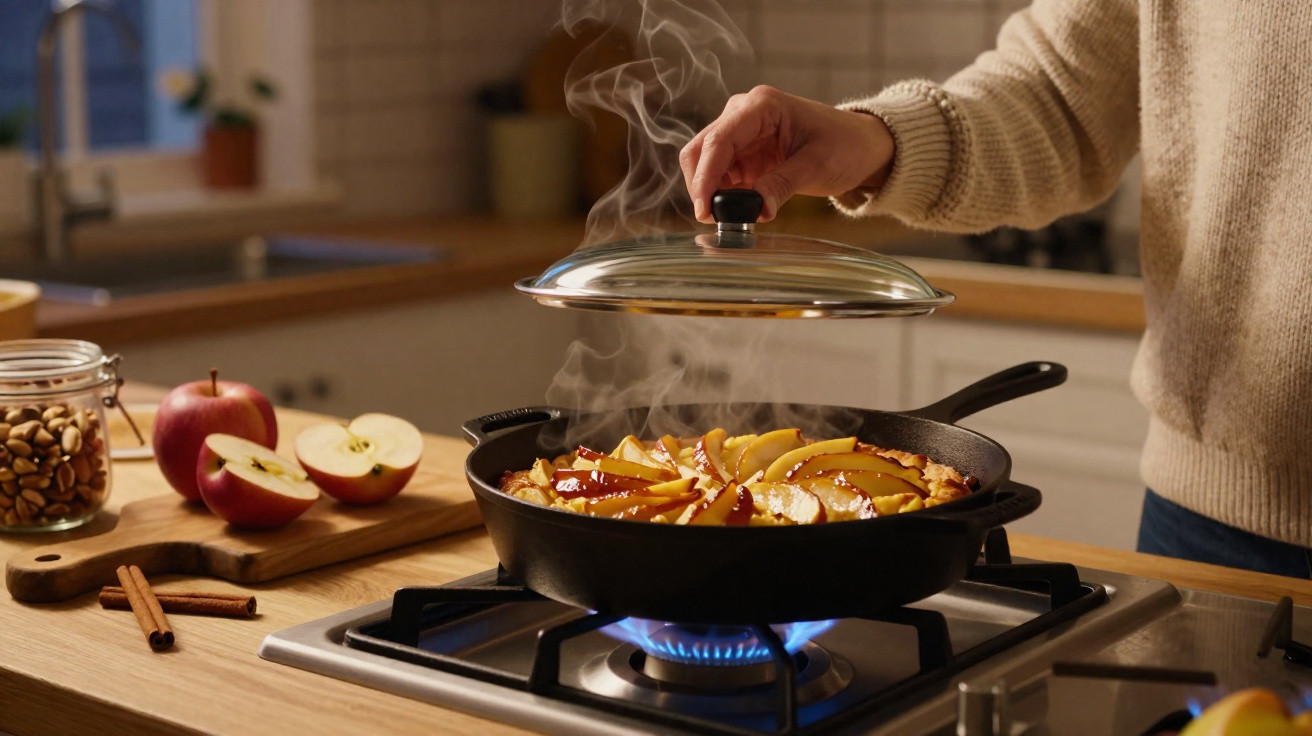 Pessoa levantando tampa de frigideira com torta de maçã quente em fogão a gás em cozinha iluminada.