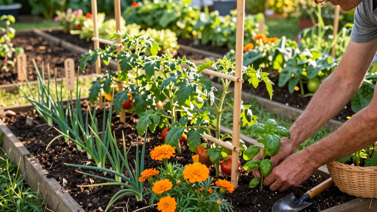 Pessoa cuidando de plantas em canteiro com flores, tomates e ervas em jardim ensolarado.