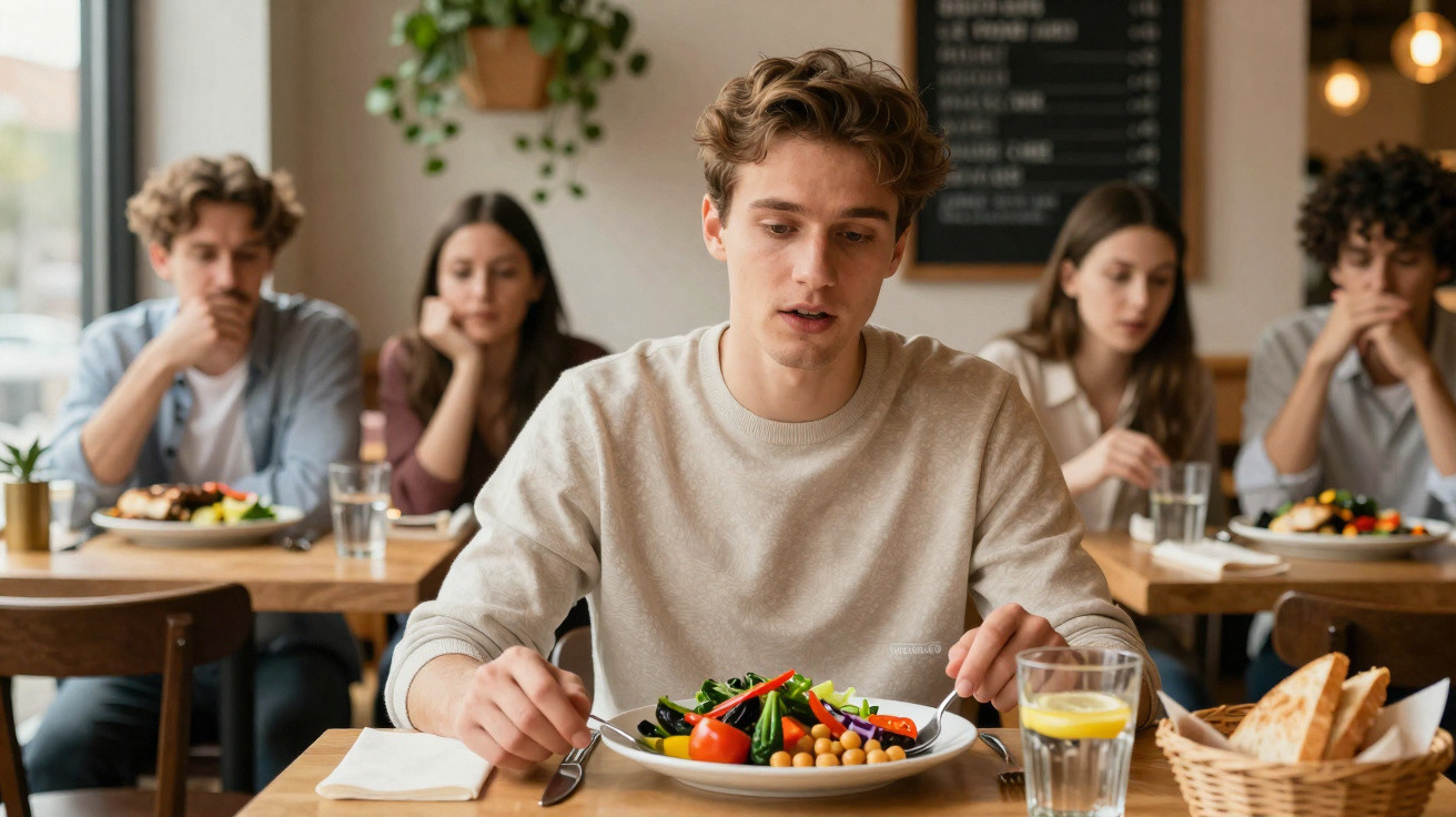 Jovem sentado em restaurante com prato de salada à sua frente e outras quatro pessoas ao fundo.
