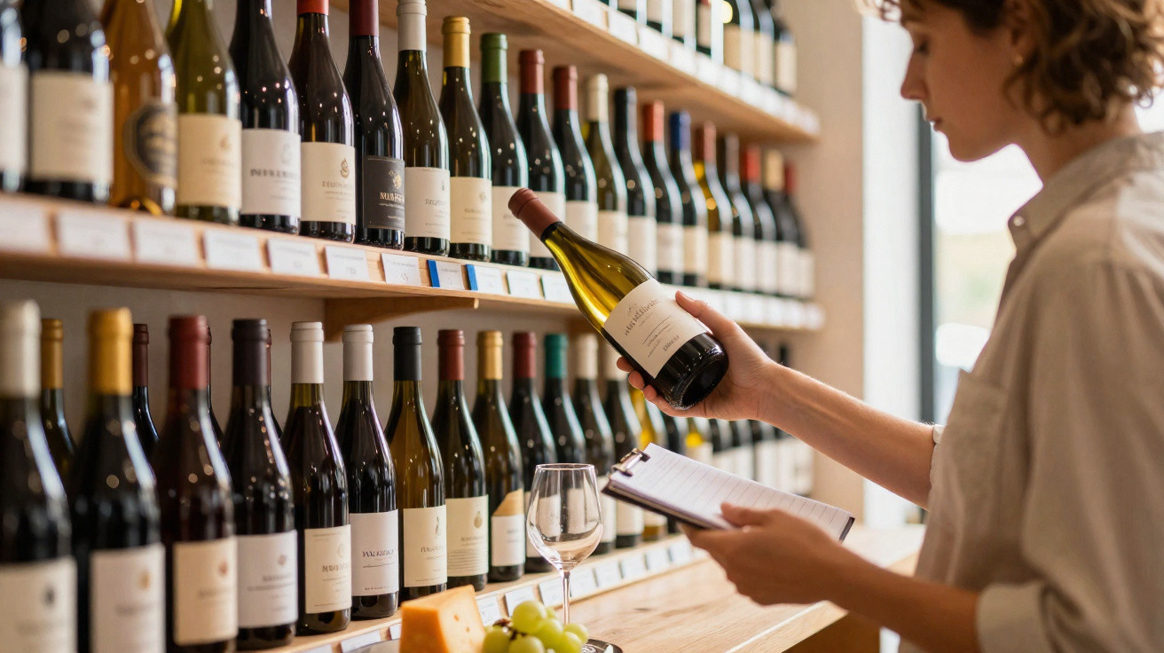 Pessoa segura garrafa de vinho leitura de rótulo com prateleira de vinhos ao fundo e taça vazia na mesa.