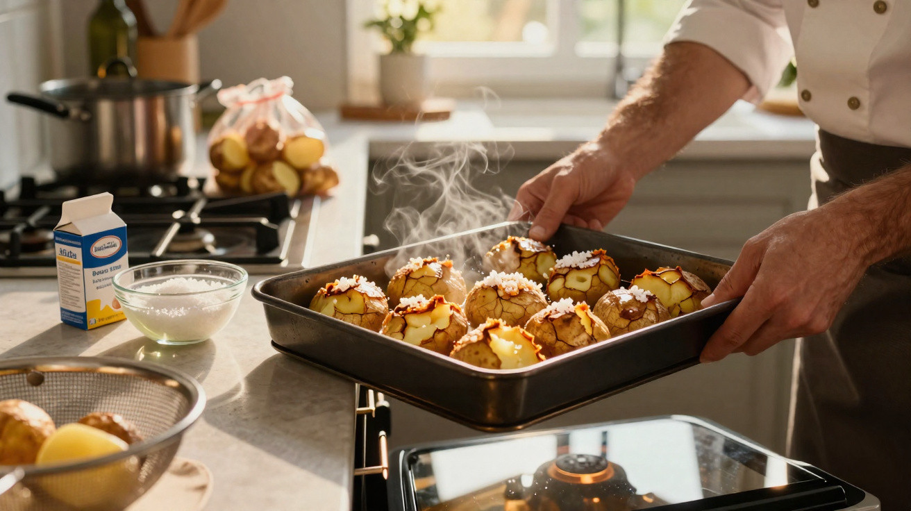 Pessoa retirando batatas assadas fumegantes em assadeira de forno em cozinha iluminada.
