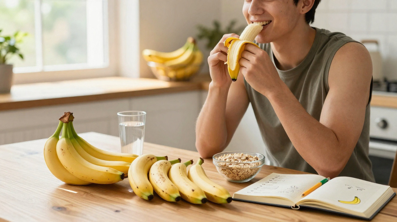 Pessoa sorridente comendo banana descascada na cozinha, com várias bananas, caderno e tigela de aveia sobre a mesa.
