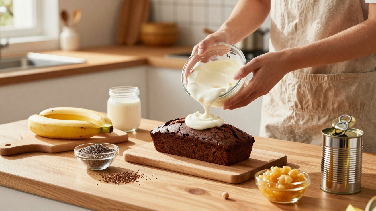 Pessoa despejando cobertura branca em bolo de chocolate com frutas e ingredientes ao redor na cozinha.