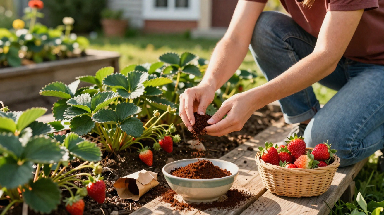 Pessoa fertilizando plantas de morango em canteiro com cesta de morangos frescos ao lado.