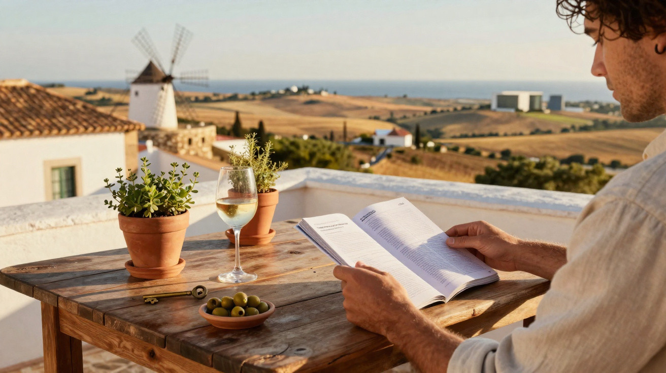 Homem lendo livro à mesa de madeira com vinho branco, plantas e oliveiras, com moinho ao fundo.